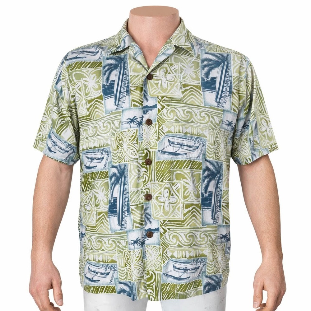 Hawaiian Reserve Hawaiian Aloha Shirt‎ Large Green Blue Tribal Boats Palms